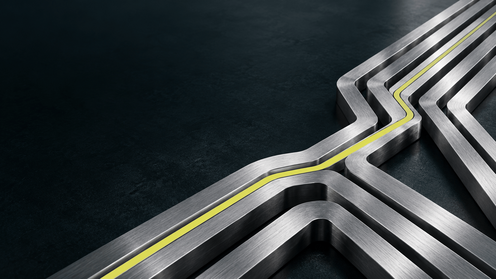 Brushed aluminum routes branching across a dark surface, with one path traced in sulfur yellow